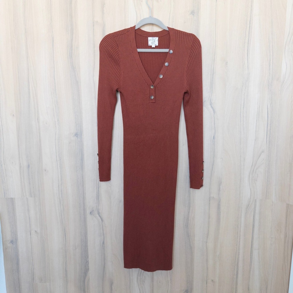 Hippie Rose Womens Ribbed Sweater Midi Dress Large Rust Orange Ribbed Henley